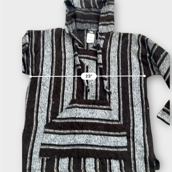 Authentic Mexican Baja woven pullover hoodie boxy wide stripes black gray WomenM - Picture 10 of 12